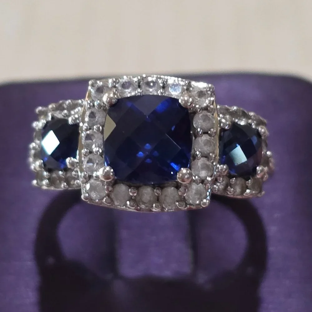 Cushion Cut Blue Three (3) Stone CZ Accent 925 Sterling Silver Ring Size 6.75